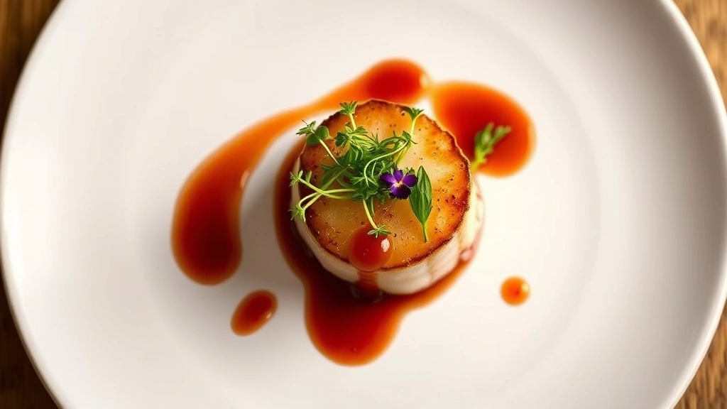 Overhead view of elegant plated scallop dish with golden-brown seared scallop, cherry gastrique drizzle, microgreens, and edible flowers on white ceramic plate, professional fine dining presentation, warm kitchen lighting