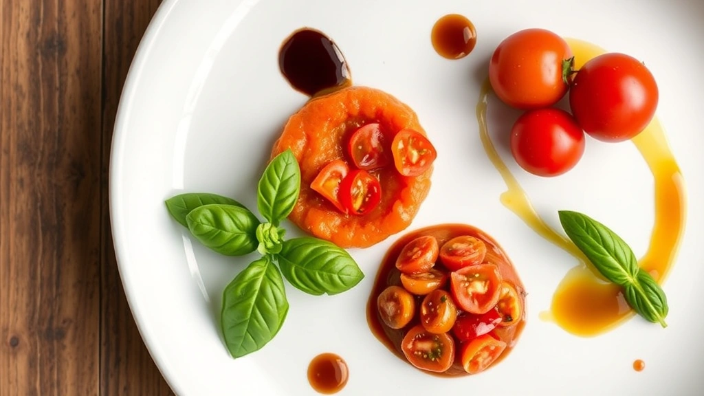 Overhead shot of seasonal heirloom tomato course featuring multiple tomato varieties in different preparations—compressed, gazpacho, whole cherry tomatoes—with basil oil drizzle, aged balsamic reduction, and fresh basil leaf on minimalist white plate