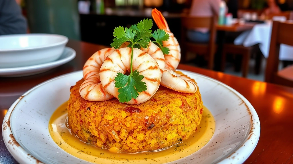 Golden-brown mofongo topped with succulent pink shrimp and garlic-herb oil, served on rustic white ceramic plate with fresh cilantro garnish in Old San Juan restaurant setting
