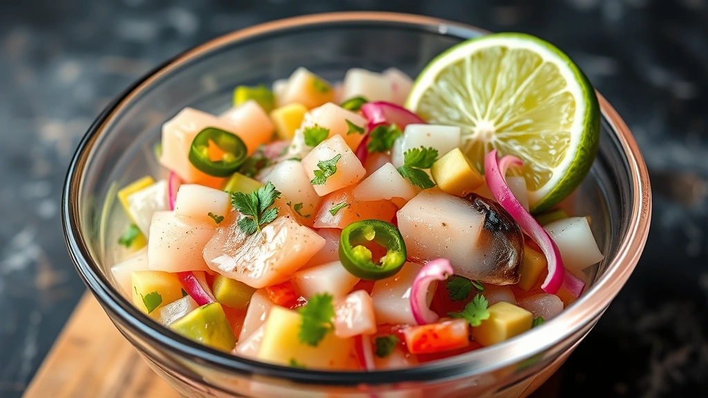 Vibrant seafood ceviche with translucent raw fish cured in lime juice, diced red onion, jalapeño, cilantro, and avocado in traditional glass bowl, garnished with lime wedge