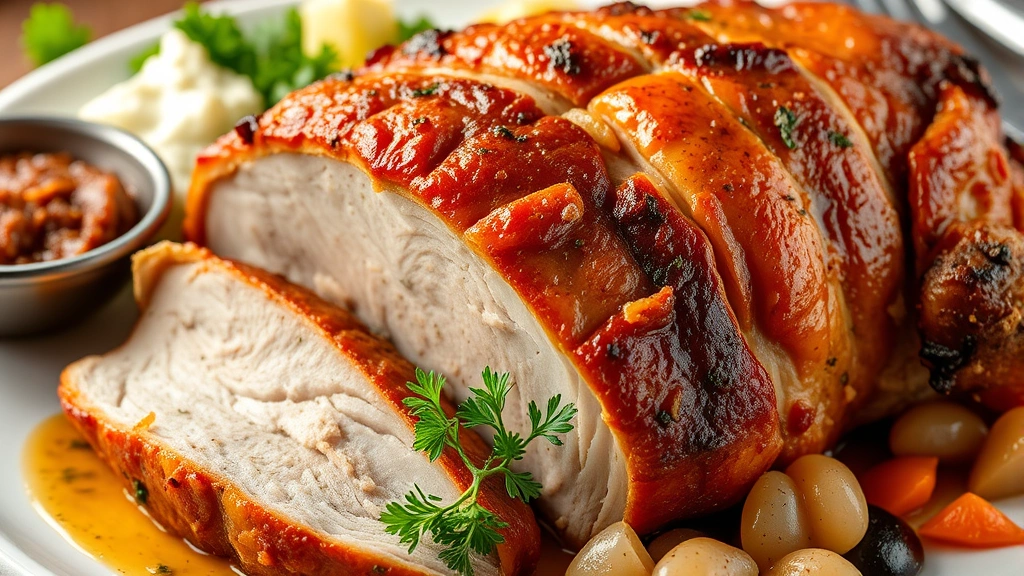 Crispy-skinned pernil (roasted pork) with caramelized golden exterior, herbs visible in seasoning, sliced to show tender meat interior, plated with traditional Puerto Rican sides and fresh oregano