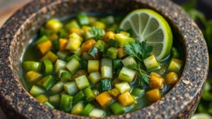 Close-up of traditional molcajete filled with vibrant fresh salsa verde, showing diced tomatillos, jalapeños, cilantro, and lime, rustic volcanic stone mortar, natural daylight, shallow depth of field