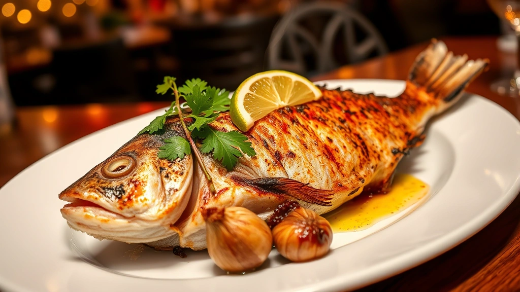 Whole grilled red snapper on white plate with charred skin, garnished with fresh lime wedge, cilantro sprigs, and roasted garlic cloves, steam rising, professional restaurant presentation, warm ambient lighting