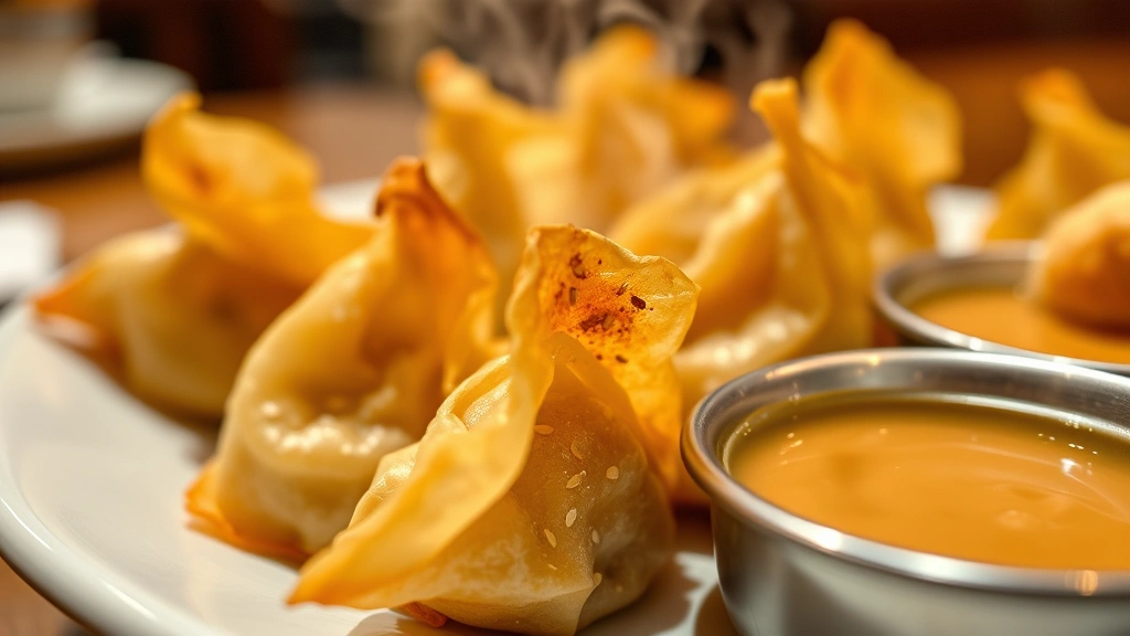 Close-up of golden crispy wontons with sesame seeds glistening, steam rising, served on white ceramic plate with peanut dipping sauce in small bowl, shallow depth of field, warm restaurant lighting