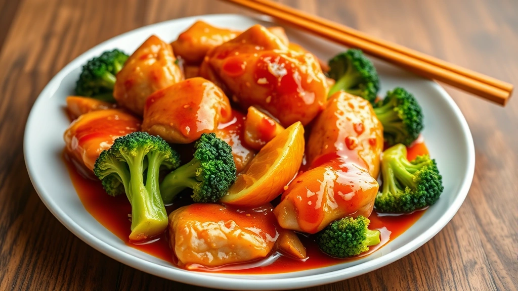Vibrant orange chicken dish with glossy sauce coating tender chicken pieces and fresh broccoli florets, orange zest visible, arranged on white plate with chopsticks resting on rim, professional food photography lighting