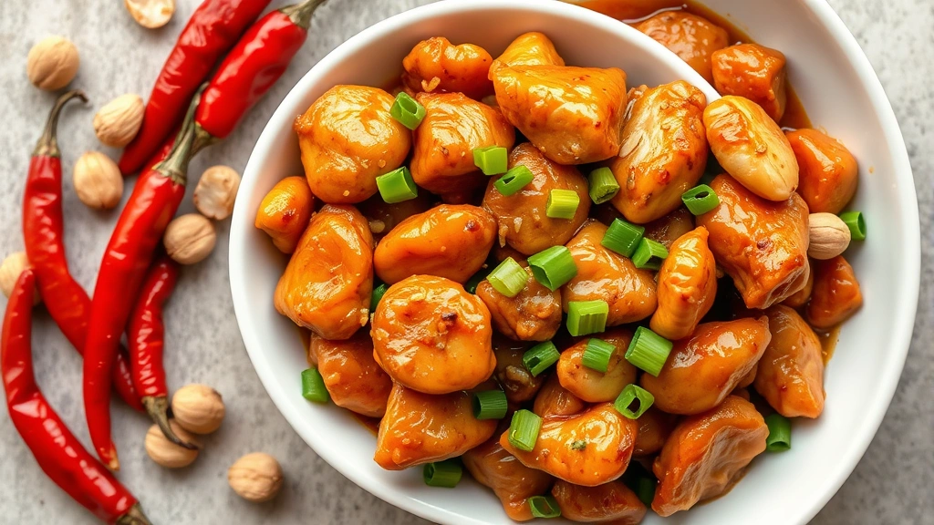 Overhead flat-lay of kung pao chicken with visible red chilies, roasted peanuts, and tender chicken pieces in rich brown sauce, garnished with fresh scallions, artistic plating on modern white bowl