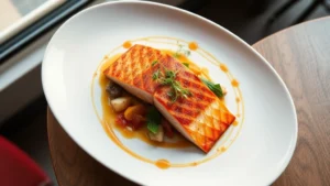 Overhead view of artfully plated Pacific Northwest salmon with seasonal vegetables, microgreens, and delicate sauce swirls on white ceramic plate, natural window lighting, restaurant setting