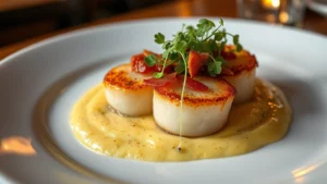 Seared scallops with golden crust on corn silk purée, topped with crispy pancetta and microgreens, professional fine dining plating, warm restaurant lighting, close-up food photography