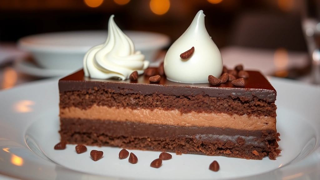 Layered chocolate torte with dark chocolate mousse, silky ganache, vanilla bean ice cream quenelle, candied cocoa nibs, elegant dessert plating, fine dining presentation, warm overhead lighting