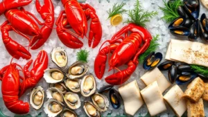 Overhead view of vibrant fresh seafood display at Cape Cod fish market, featuring whole lobsters, glistening oysters on ice, scallops, mussels, and cod fillets arranged artfully on crushed ice with seaweed garnish