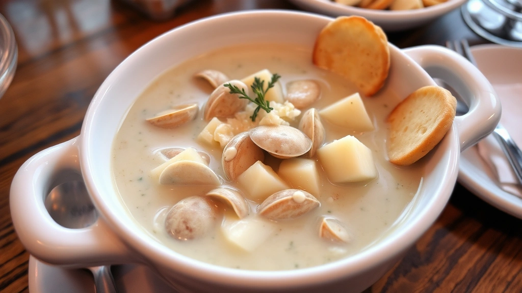 Steaming bowl of creamy New England clam chowder with visible clam pieces, diced potatoes, and fresh thyme garnish, served in white ceramic bowl with oyster crackers on side at coastal restaurant
