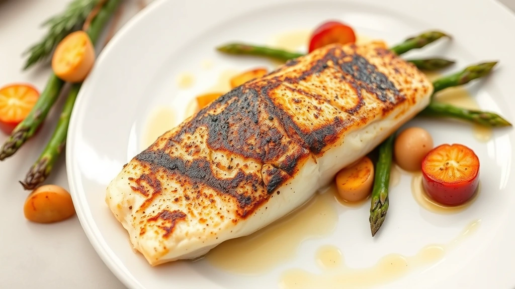 Perfectly seared white fish fillet with crispy golden skin, surrounded by roasted seasonal vegetables including asparagus and root vegetables, drizzled with lemon butter sauce on elegant white plate