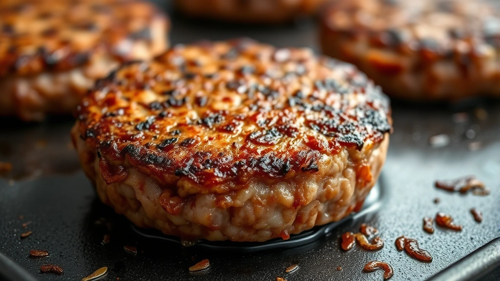 Close-up of a perfectly smashed burger patty with golden-brown caramelized crust on a hot griddle, showing crispy edges and juicy center, professional food photography, shallow depth of field