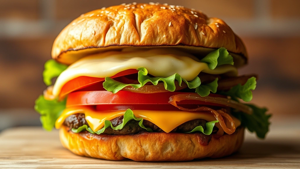 Gourmet burger with melted cheese, fresh tomato slices, crisp lettuce, and caramelized onions stacked on a toasted artisanal bun, side view showing all layers, warm natural lighting, appetizing presentation