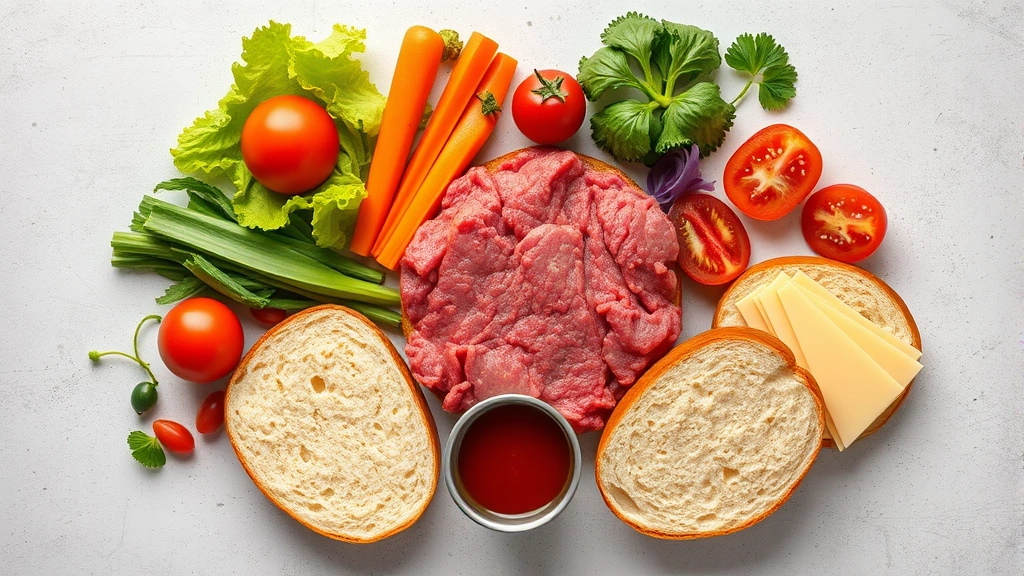 Overhead flat lay of burger ingredients arranged artfully: ground beef, fresh produce, cheese slices, artisanal bun halves, sauce in small bowl, professional culinary styling, natural daylight
