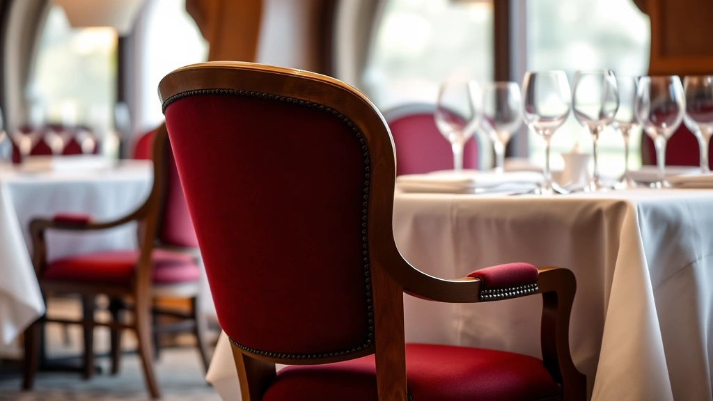 Elegant fine dining chair with deep burgundy upholstery and wooden frame, positioned at a table set with white linens, soft warm lighting reflecting off polished silverware and crystal glassware, intimate restaurant ambiance