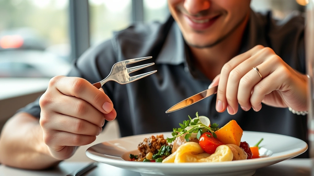 Close-up of a diner's relaxed posture while savoring food, hands holding fork and knife with proper ergonomic positioning, plate of beautifully plated gourmet dish in sharp focus, expression of contentment and concentration