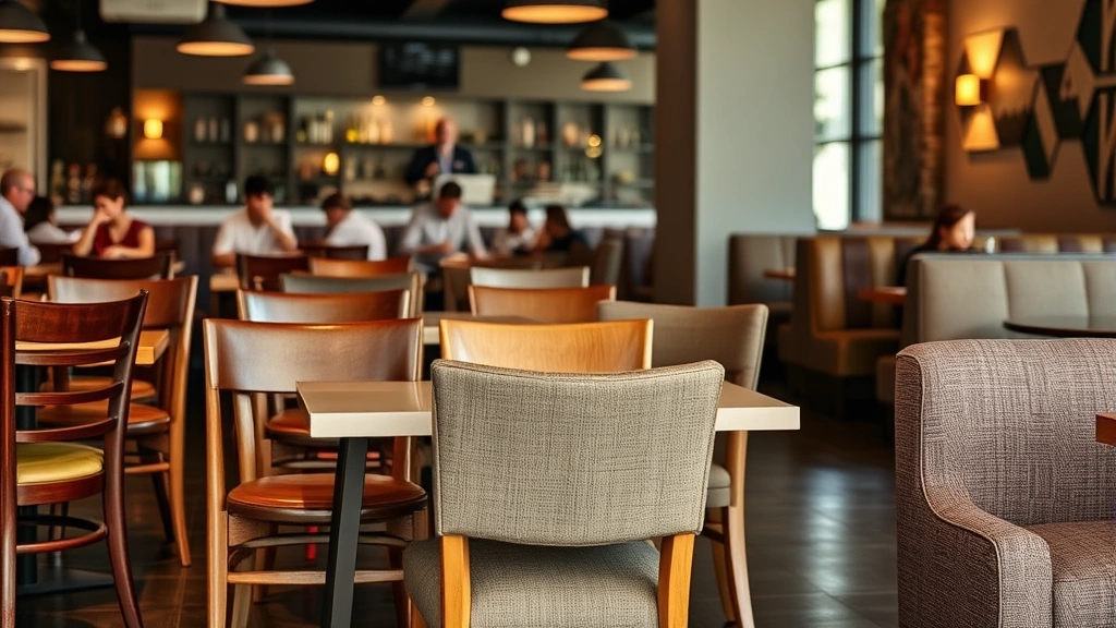 Restaurant seating arrangement showing varied chair styles from casual wooden seats to upholstered booths, diners in background enjoying meals, warm ambient lighting highlighting different textures of chair materials and fabrics