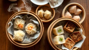 Overhead shot of steaming dim sum baskets with delicate dumplings, shrimp har gow, and pork siu mai in traditional bamboo containers, soft steam rising, wooden table surface, natural lighting from above, vibrant colors of the fillings visible through translucent wrappers