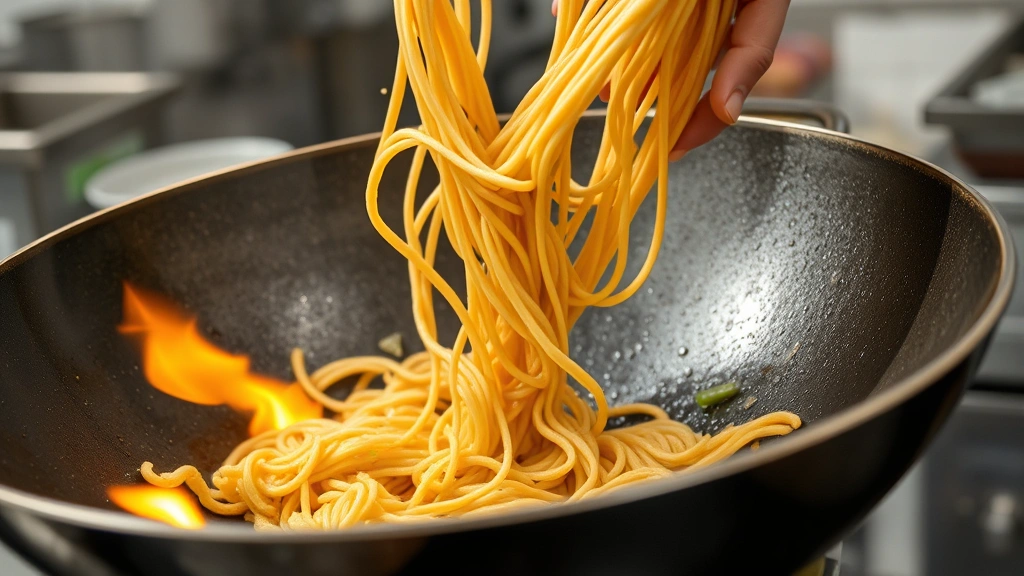 Close-up of hand-pulled noodles being tossed in a large carbon steel wok with ginger, garlic, and scallions, flames visible beneath, oil glistening on noodles, chef's hands in motion, professional kitchen setting, focus on the dynamic cooking action and ingredient texture
