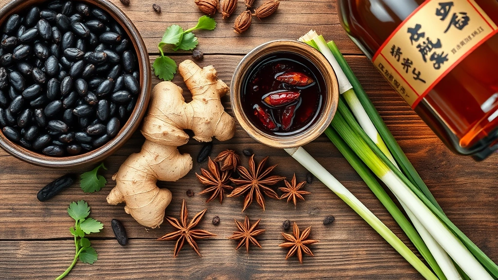 Artistic flat-lay arrangement of authentic Chinese cooking ingredients: fermented black beans, dried Sichuan peppercorns, doubanjiang paste in traditional container, fresh ginger root, scallions, star anise, and Shaoxing wine bottle, warm overhead lighting, rustic wooden surface, shallow depth of field highlighting ingredient details