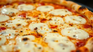 Close-up of melted mozzarella on fresh pizza with golden-brown bubbled cheese and charred spots, steam rising, professional pizzeria setting
