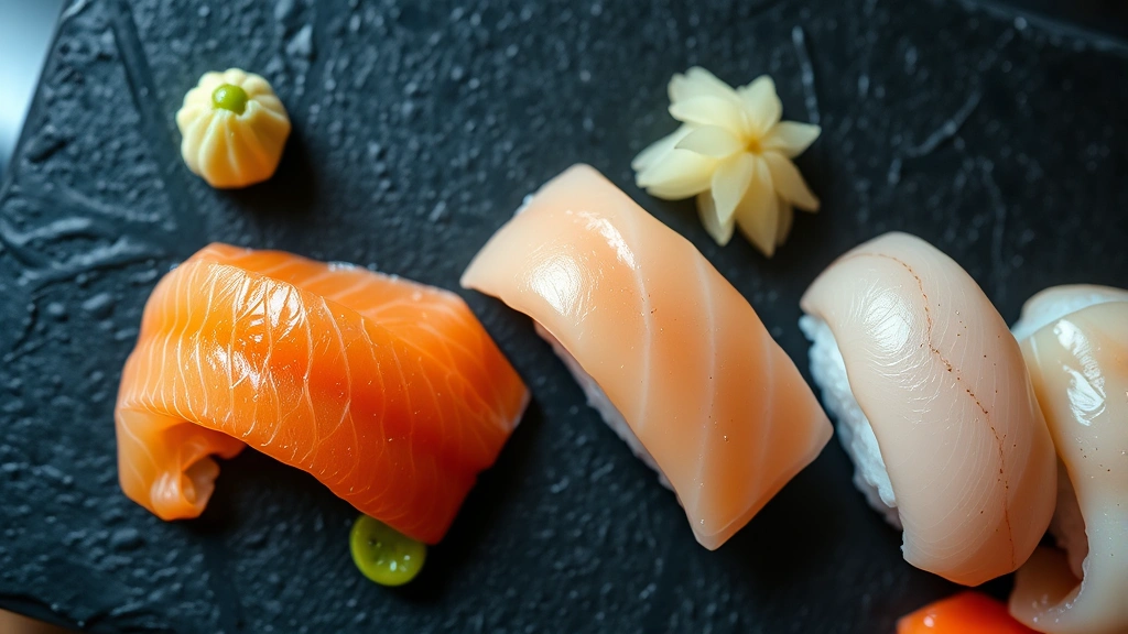 Overhead close-up of pristine nigiri sushi pieces arranged on a slate plate, showing translucent salmon, fatty toro, and uni with glistening surfaces, wasabi and pickled ginger visible, professional sushi bar lighting highlighting the fish's natural colors and textures