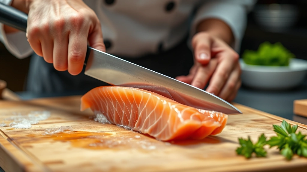 Sushi chef's hands in motion using a long knife to precisely slice fresh raw fish, showing the blade gliding through translucent salmon fillet, wooden cutting board, professional kitchen environment with soft focused background