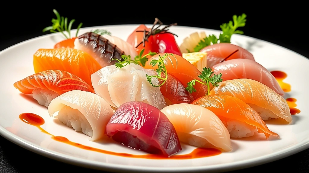 Artistic plating of assorted sashimi and nigiri on a modern white ceramic plate, featuring various fish types with different colors and textures, decorative microgreens and sauce accents, professional food photography lighting creating depth and dimension