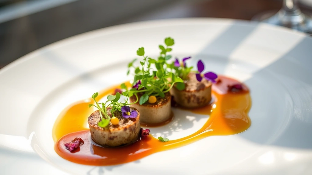Elegantly plated fine dining course with microgreens, edible flowers, and artistic sauce work on white ceramic plate, soft natural lighting, shallow depth of field