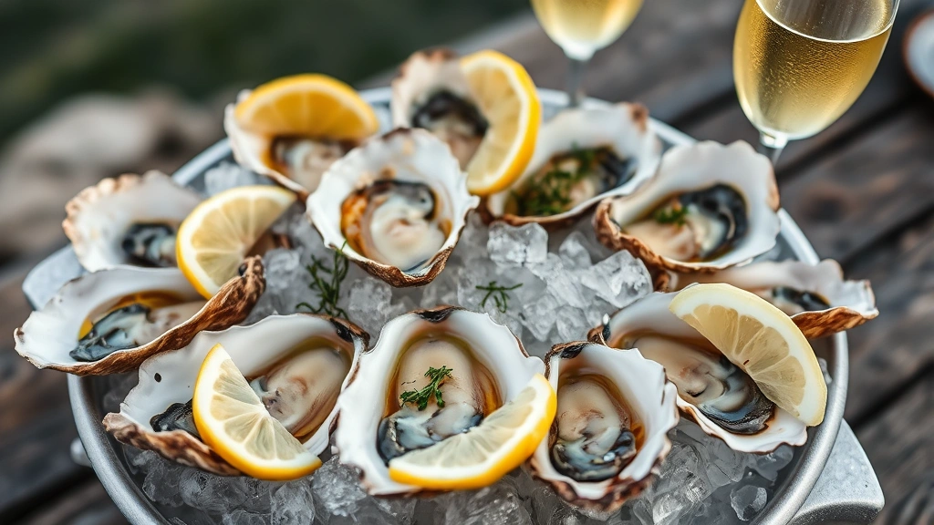 Overhead view of fresh Chesapeake Bay oysters on ice with lemon wedges, seaweed garnish, and champagne glasses in blurred background, coastal ambiance