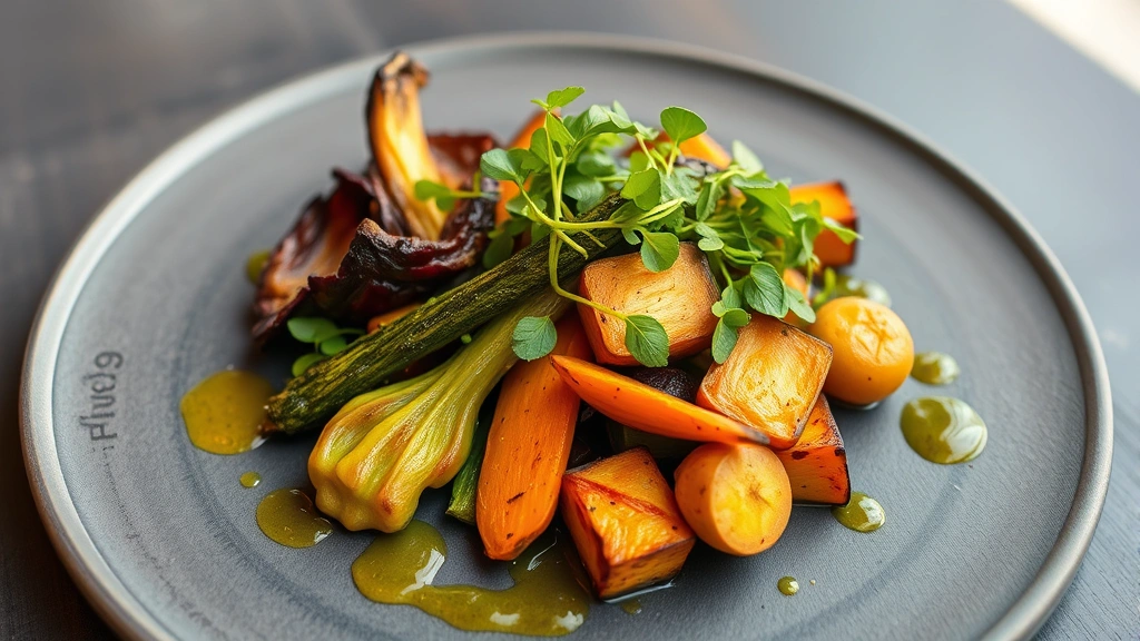 Vibrant vegetable-forward plate featuring charred brassicas, roasted root vegetables, and microgreens with citrus vinaigrette, modern minimalist plating on slate