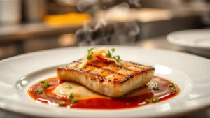Close-up of plated contemporary American cuisine with precise garnish placement, showing vibrant sauce work and perfectly seared protein on white ceramic plate, shallow depth of field, warm professional kitchen lighting, steam rising from hot food