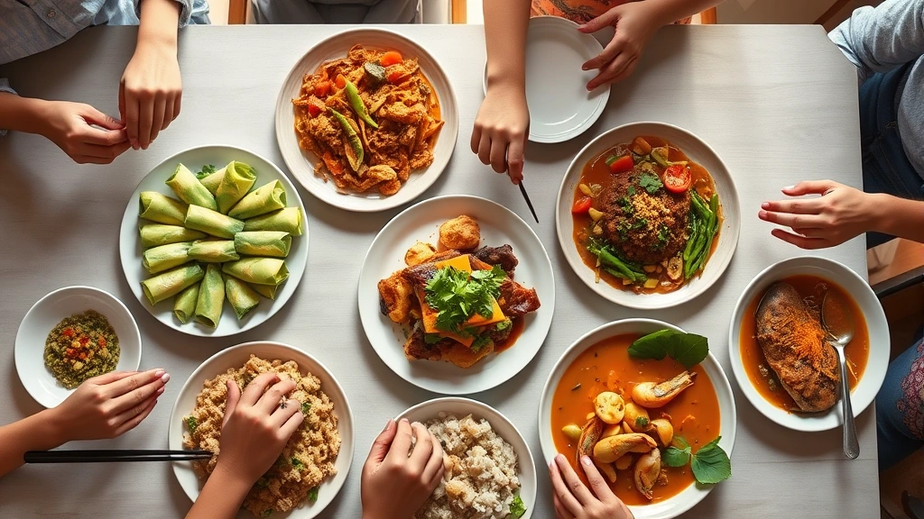 Overhead shot of family dining table with multiple colorful dishes representing diverse cuisines—Vietnamese spring rolls, Mexican mole-topped chicken, Thai curry, fresh seafood preparation, natural window lighting, hands reaching for shared plates