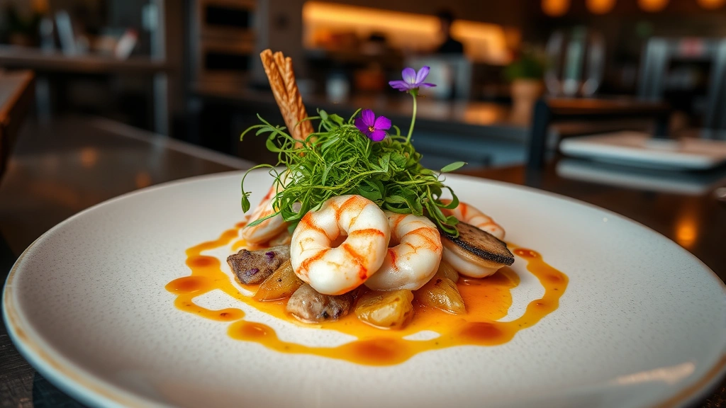 Artistic plating of gourmet seafood dish featuring Gulf shrimp and fish with microgreens, edible flowers, and artistic sauce drizzle on modern plate, professional restaurant kitchen aesthetic, warm ambient lighting highlighting food textures