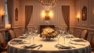 Elegant private dining room with soft candlelight, white tablecloth set with fine china and crystal glassware, floral centerpiece, empty wine glasses awaiting service, intimate upscale atmosphere, photorealistic