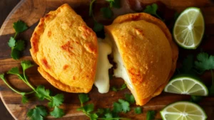 Close-up overhead shot of golden-brown arepas split open revealing creamy white cheese filling, steam rising, surrounded by fresh cilantro and lime wedges on rustic wooden board, warm natural lighting, food photography style