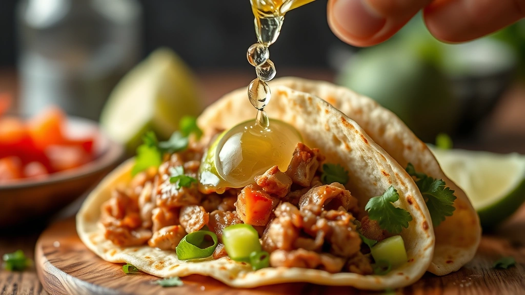 Slow-motion action shot of liquid lime juice being squeezed onto a fresh taco with visible droplets suspended mid-air, showing tender meat filling, fresh garnishes, warm tortilla, dynamic food photography, professional culinary styling