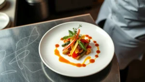 Overhead shot of artisanal plated dish featuring vibrant seasonal vegetables, herb garnish, and artistic sauce drizzle on white ceramic plate, fine dining presentation, restaurant kitchen setting, natural lighting