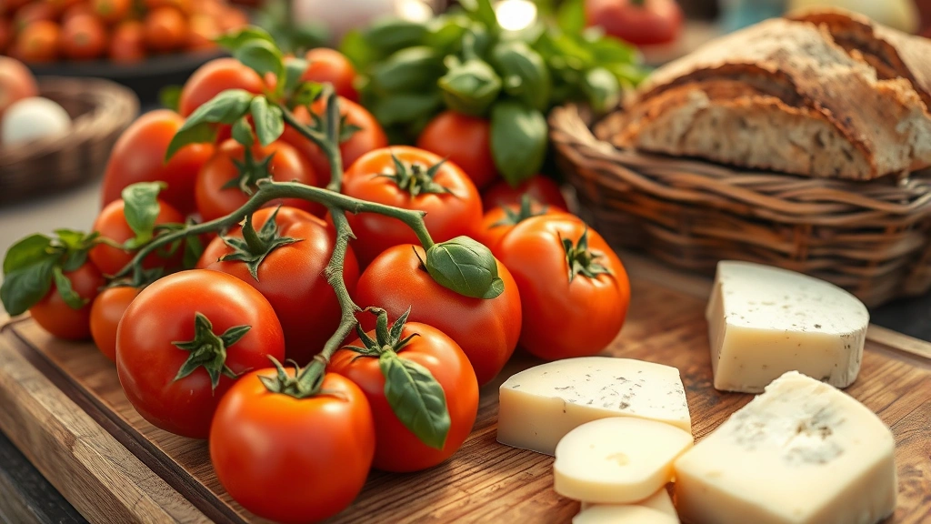 Close-up of farm-fresh ingredients at farmers market: heirloom tomatoes, fresh basil, local cheese, crusty bread, wooden cutting board, rustic wooden table, morning sunlight, authentic local produce
