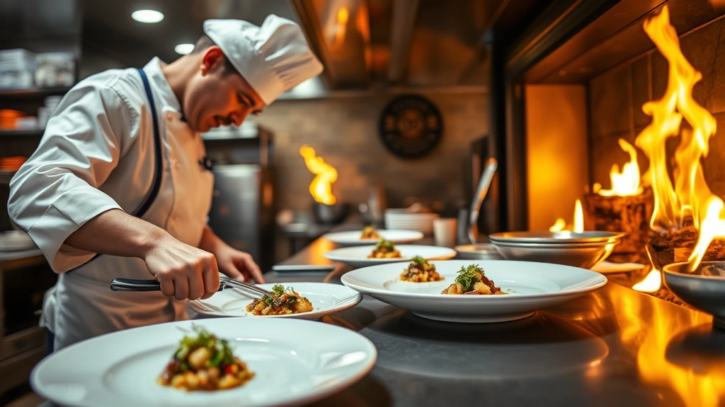 Wood-fired restaurant kitchen with chef plating sophisticated dish, flames visible in background, stainless steel surfaces, focused culinary work, professional kitchen environment, warm ambient lighting, action shot