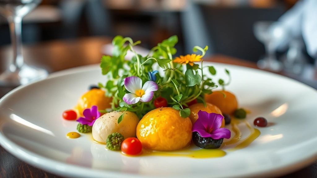 Artfully plated fine dining dish with microgreens, edible flowers, and colorful vegetable purees arranged on white ceramic plate, professional restaurant lighting, shallow depth of field