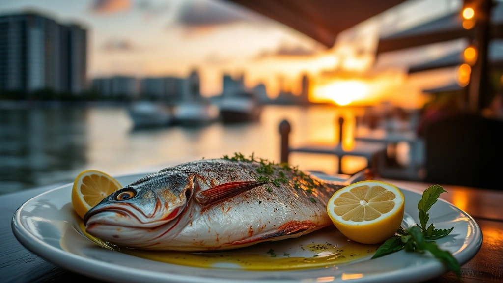 Waterfront sunset dining scene with grilled whole fish on ceramic platter, lemon wedges, herb-infused oil drizzle, blurred Miami River background, warm golden hour lighting