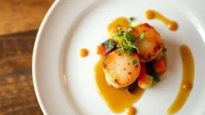 Overhead view of perfectly seared diver scallops with brown butter foam, microgreens, and colorful vegetable garnishes on white plate, warm golden lighting, fine dining presentation