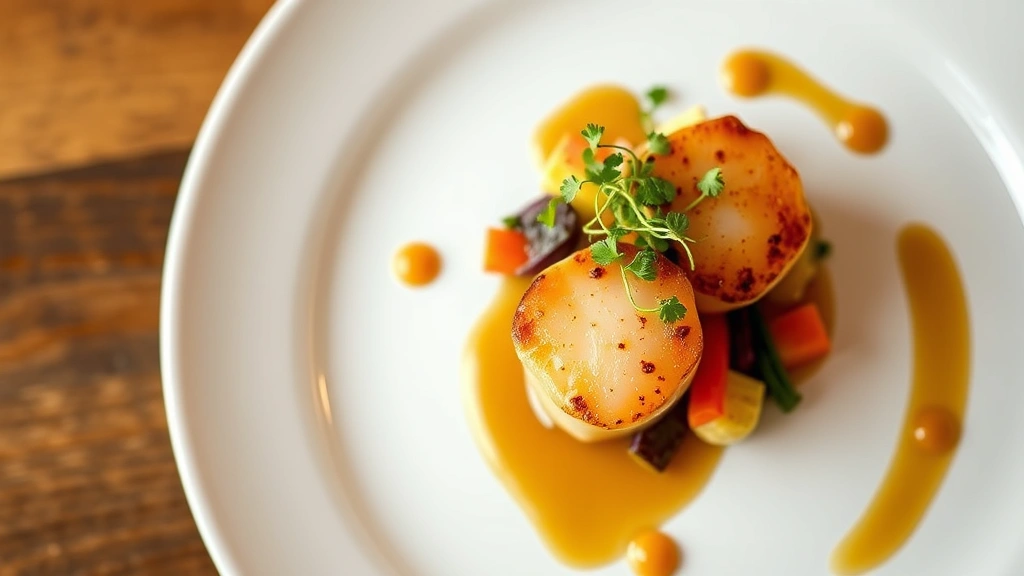 Overhead view of perfectly seared diver scallops with brown butter foam, microgreens, and colorful vegetable garnishes on white plate, warm golden lighting, fine dining presentation