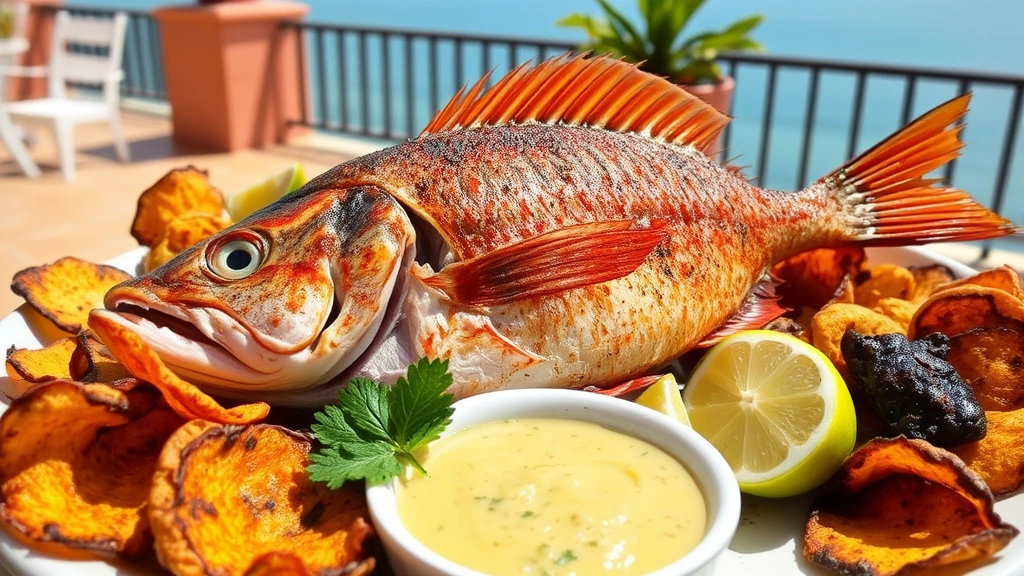 Whole roasted red snapper with crispy skin, surrounded by charred plantain chips and malanga purée, fresh lime wedges, ocean view terrace setting in background, natural daylight