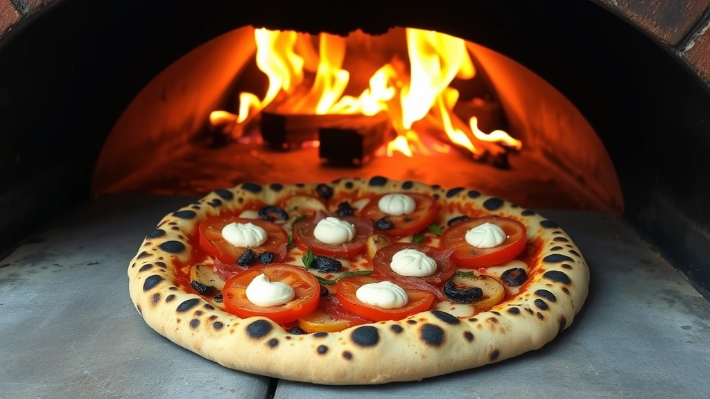 Wood-fired pizza oven with leopard-spotted crust pizza topped with prosciutto di Parma, fresh mozzarella, and roasted vegetables, flames visible in oven, rustic Italian setting