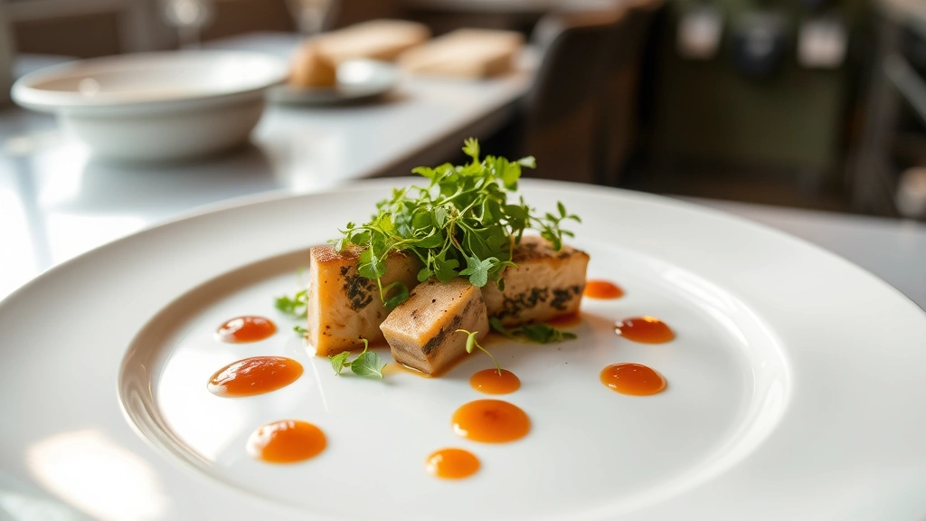 Overhead shot of an elegantly plated fine dining dish with microgreens, sauce dots, and garnishes on white ceramic plate, soft natural lighting, restaurant kitchen background blurred