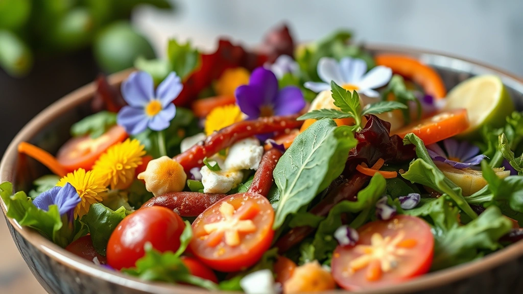 Close-up of a vibrant salad bowl with colorful heirloom vegetables, edible flowers, and artisanal dressing, shallow depth of field, fresh and appetizing