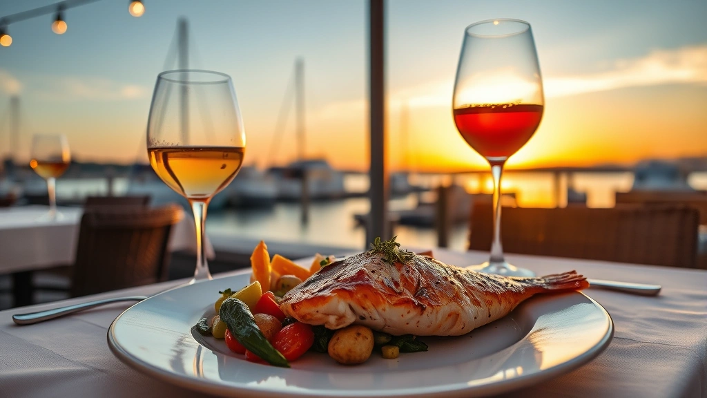 Waterfront restaurant table setting at sunset with grilled fish fillet, seasonal vegetables, and wine glass, harbor or lake view background, golden hour lighting